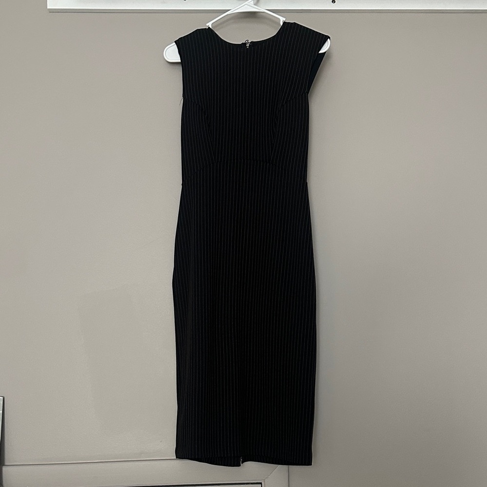 Pinstripe Cap Sleeve Back Zipper Midi Sheath Dress